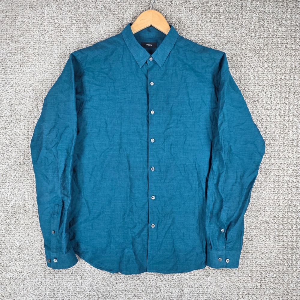 Theory Mens Zack Rotuma Linen Cotton Button Down Shirt Blue Size Large